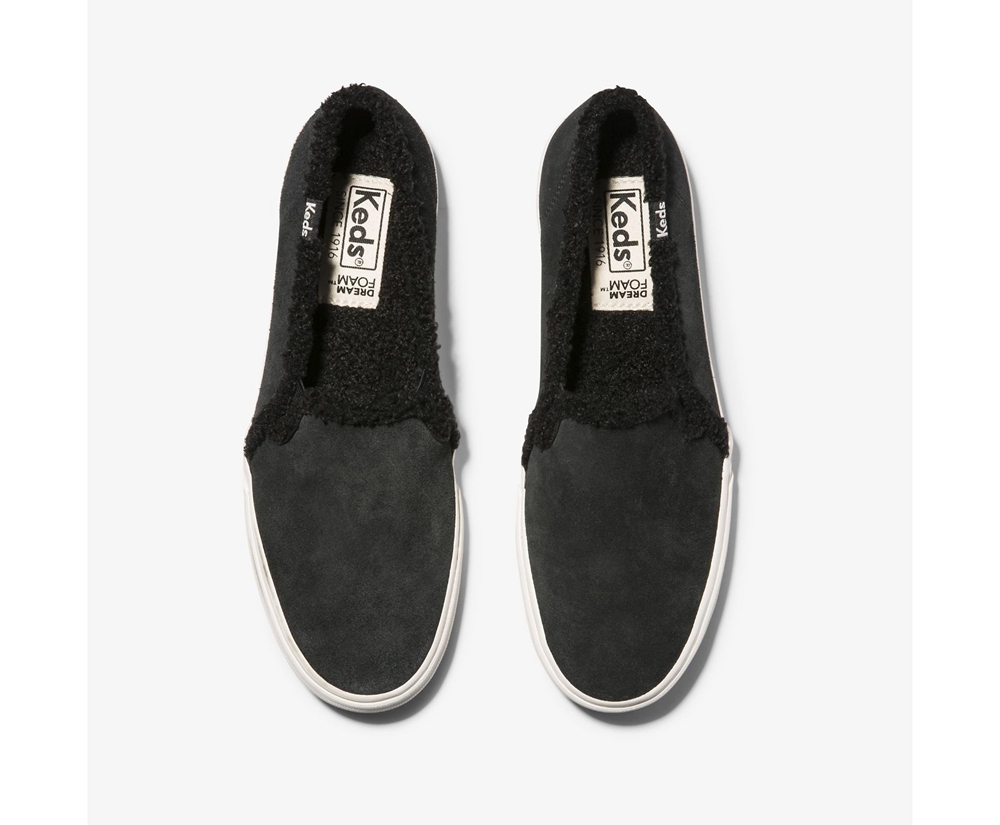 Keds Slip Ons Black - Double Decker Suede Faux Shearling - Womens VGSETR-956